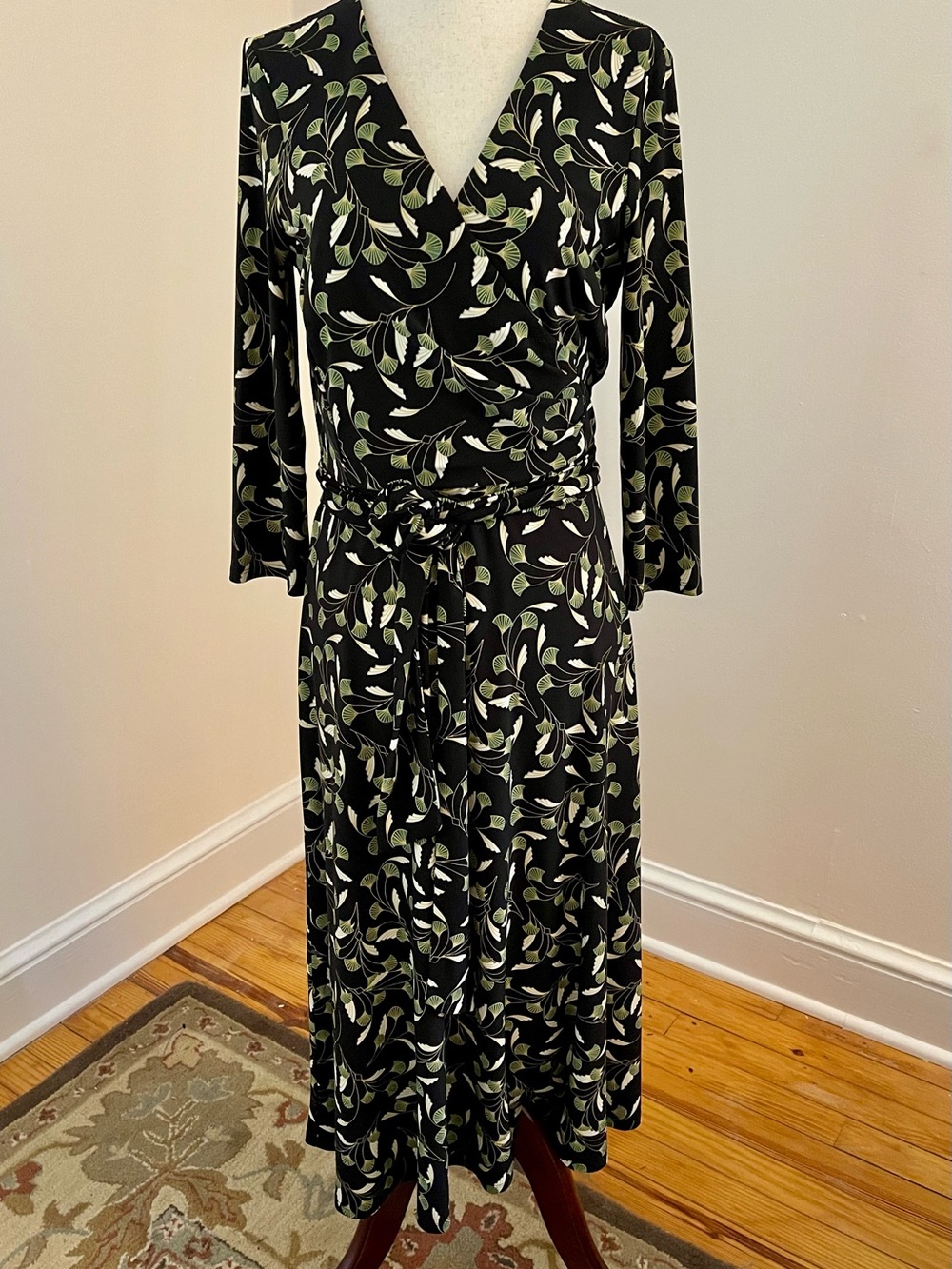 Lauren Ralph Lauren Faux Wrap Midi Dress Black Green Leaf Print Belted Size 4